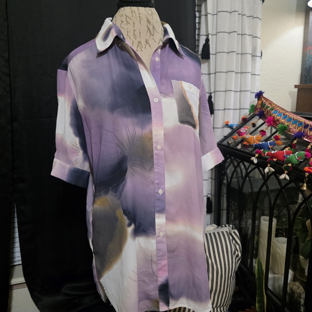 Lysse Women's Purple Abstract Short Sleeve Chiffon Watercolor Art Blouse